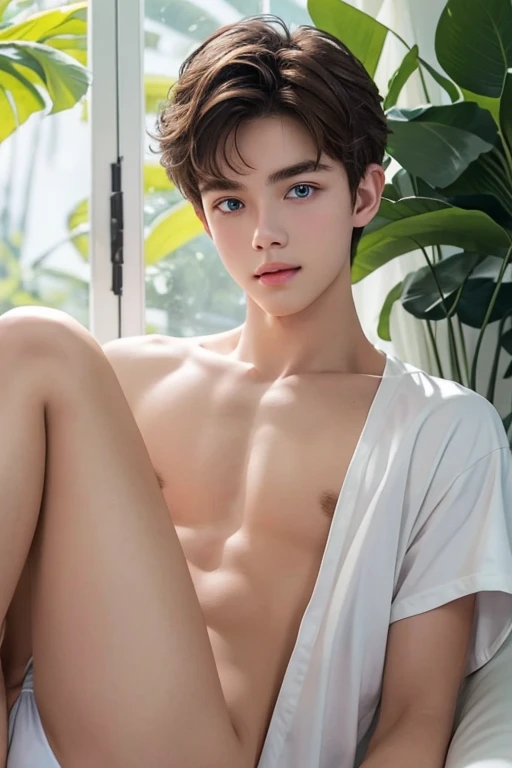 (Best Quality, Realistic),  (1 Boy), Detailed Eyes, Detailed Lips, Brown Hair, Blue Eyes, Wearing white see true bikini มองเห็นองคชาติ, สวนหลังบเานCozy Environment, Soft Lighting, Tranquil Surroundings,เป้าตุง