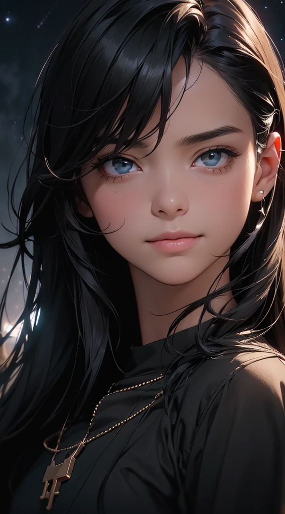 highest quality, epic realistic, ((in the pitch black darkness :1.4)), ((portrait:1.5)),(background: dark ) high contrast ,glorious picture, lowest lux, lighting face, she's comfortable, dark plain shirt, looks incredible, (8k, Raw photo, Highest quality),(epic realistic:1.5), a woman, face,(detailed eyes:0.8),(looking at the camera:1.4), (Highest quality), ( high contrast, deep shadows),Intricate details,cinematic,((skin:1.4)), (long dark hair:1.3), long hair, messy ,(Hdr:1.5),Detailed, colors, Superior quality, ( starry sky: 1.4), Masterpiece, Raw Photo (20-year-old, looking at viewer), beautiful, (wearing dark shirt,), perfect, natural, perfect composition, portrait, perfect face, smiling expression, Captivating eyes, Bright details, Tight lips, (High Skin Detail),, (blue tint: 0.6), (sale: 0.8), (bloody: 0.7), Key lighting , (backlight: 0.5), Medium depth of field, Canon 5d, 50mm lens, f/4 apertures, (Ultra-detailed, Complex detail), sharp focus, soft colors, 8k, Absurd, 80mm, dark background, photography, smiling, pinay, filipina, small