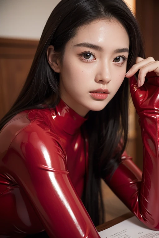 (RAW Photos:1.2)、Highest quality、Beautiful detailed girl、Tight red latex suit、Red latex bodysuit, Laughter、Highly detailed eyes and face、Beautiful and detailed、Large file size、High resolution、High resolution、More about 8k wallpaper、Highly detailed Ticker Uniform 8K Wallpaper、Light on the face、Cinema Lighting、16-year-old girl、Sexy pose、(Photorealism:1.4)、Raise your consciousness、Surrealism、 From below、Super Detail、masterpiece