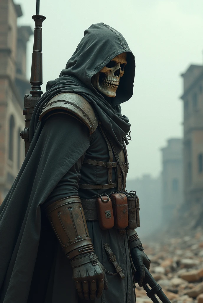 A hooded soldier looking back over his shoulder with a skull cap only covering half his face