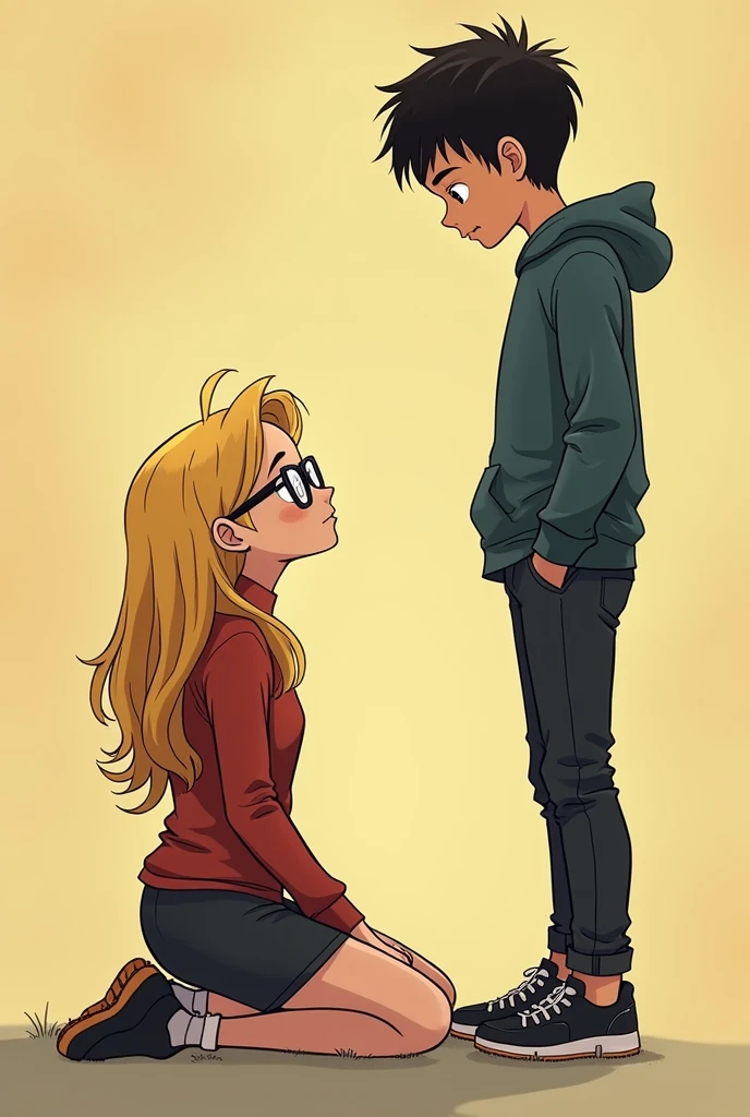 a 5'6" blonde with somewhat muscular glasses, kneeling in front of a 5'7" boy with black hair