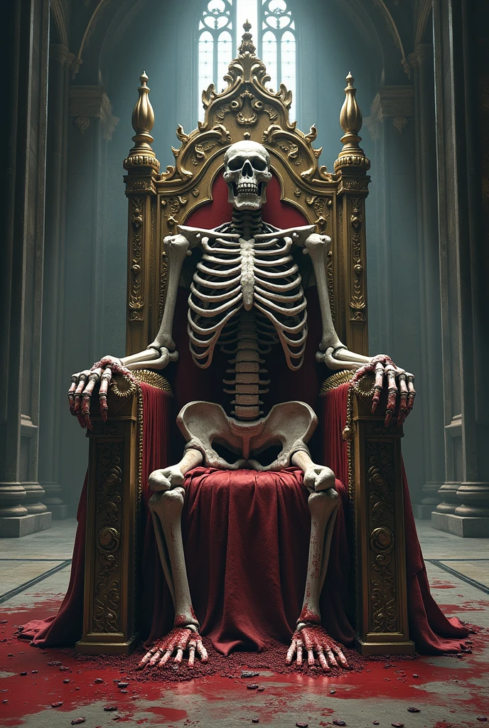 A throne made of slightly bloody human bones, from front shot. With a castle hall background. En dessin.