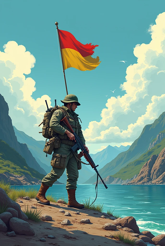 Make me an easy drawing of the "Pacific War" in the style of the "serie gravity falls" that deals more with the countries of "boivia", "Peru and Chile" Make a guerrilla from the country of Bolivia, Peru and Chile who are fighting with a weapon and uniform fighting in the Pacific War for the fight of the sea, add a landscape like the sea and cambate and mountains and carrying weapons and also as a background something catastrophic with bodies on the floor and add details like the flag of Bolivia and the flag of Chile and the flag of Peru waving in the wind but that has the drawing style of the gravity falls series