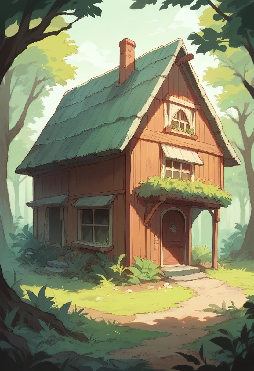 A house in the forest and a sweet woman looking out the window