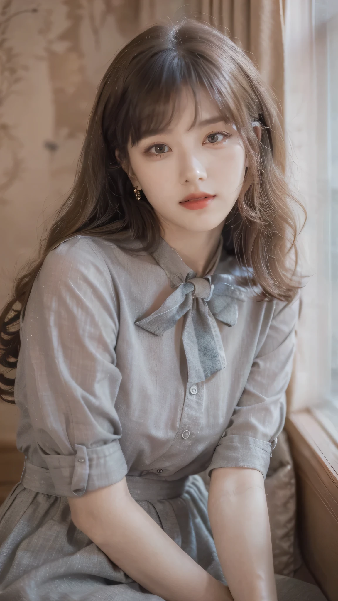 detailed background, masterpiece, best quality, 1 person , curly hair, long hair, purple eyes, star in eye , grey  blouse, long  skirt, grey , grey blouse , beautiful bow, detailed bow, indoor , hair accessories, jewelry, red lips