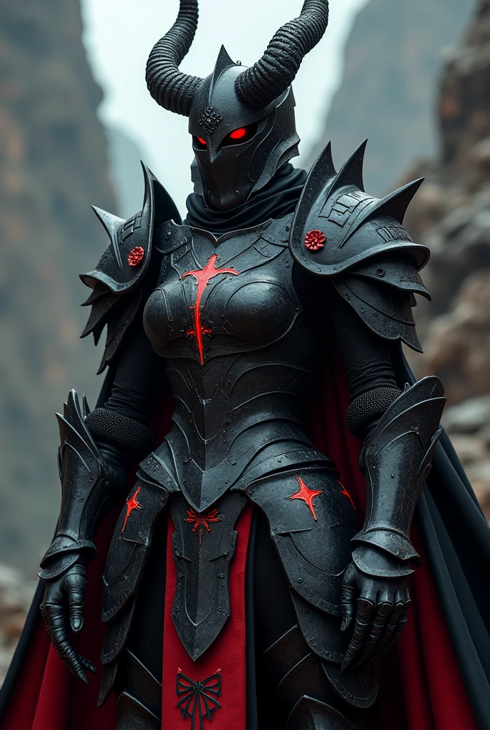 Visualize a female knight clad in black armor that appears to have been forged in the depths of a volcanic mountain. The armor is massive and composed of thick, robust plates., with sharp edges that seem capable of cutting the air itself. The red details are not just decorative, but emit a slight glow, as if imbued with an arcane power.
The helmet has an intimidating shape, with long, twisted horns emerging from the sides, giving it an almost demonic appearance. The helmet visors are narrow, revealing only a flash of fiery red eyes, which increases its aura of mystery and danger. The chest of the armor is carved with ancient runes in bright red, that beat with their own energy, suggesting that the armor is alive or enchanted.
The gauntlets are armed with sharp claws, and the shoulders have huge shoulder pads, decorated with metal skulls or sharp spikes. The black cloak he wears is heavy and made of a thick material that billows heavily with every movement., and is lined with a dark red like blood. The cape looks almost like a cloak of darkness surrounding the knight., giving him a presence that fills the scene with his mere appearance.
This armor is not only a symbol of defense, but also of destruction, Designed to strike fear into the hearts of her enemies before she even unsheathed her sword..