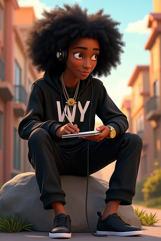 Disney Pixar (YOUNG BLACK MAN WITH LONG, CURLY BLACK HAIR) He's sitting on a rock, with headphones, writing music in a notebook, through the streets of your neighborhood, happy children running everywhere , in a black sports jacket with Wy Strong Sil writing, Wide black pants, black sneakers, many gold threads around the neck, gold watch on wrist, ( It doesn't change the appearance of the face and the hair is already perfect) pixar, cool and stylish