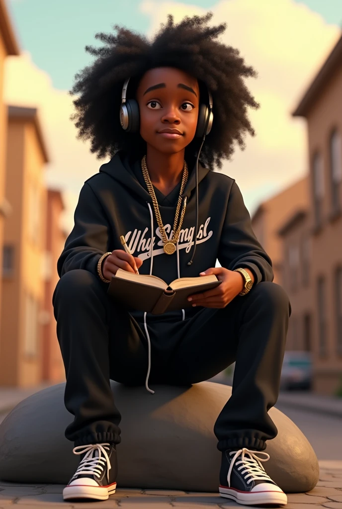 Disney Pixar (YOUNG BLACK MAN WITH LONG, CURLY BLACK HAIR) He's sitting on a rock, with headphones, writing music in a notebook, through the streets of your neighborhood, happy children running everywhere , in a black sports jacket with Wy Strong Sil writing, Wide black pants, black sneakers, many gold threads around the neck, gold watch on wrist, ( It doesn't change the appearance of the face and the hair is already perfect) pixar, cool and stylish