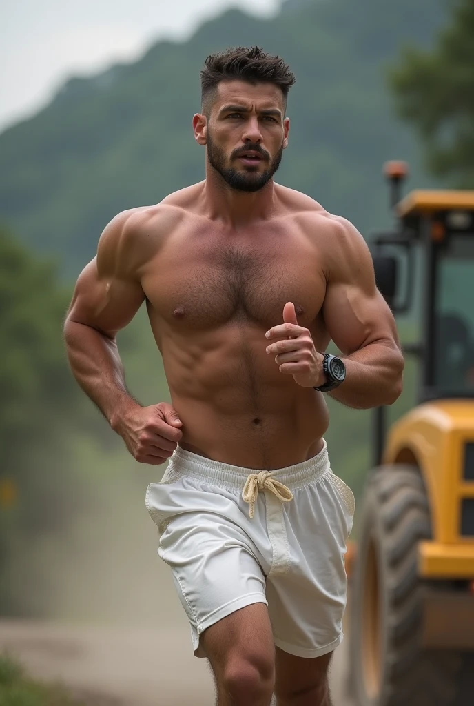 An award-winning original photo,A wild muscular man, (40 years old daddy:1.1), 1boy, Solo, (big shoulders, musculature, stubbles, Short beard, Beautiful eyes:1.3, ), (chengjianbin:1), (weizhenrong:1), (Detailed face:1.3),, hairy back, hairy backside running me over by a steamroller while wearing all white