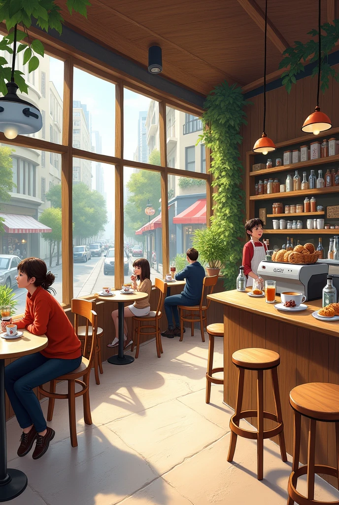 A sketch with a panoramic shot of a cozy coffee shop.