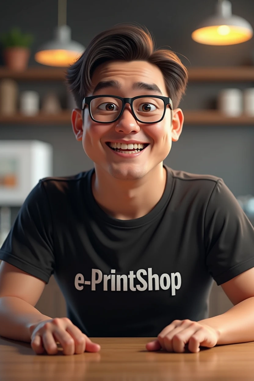 A man, straight hair, Calcasian, dark brown straight hair, black glasses frame, no beard, a little overweight, smiling and excited, brown eyes and happy look, black t-shirt and written in white "e-PrintShop" letters without serif and bold, character in the foreground.
