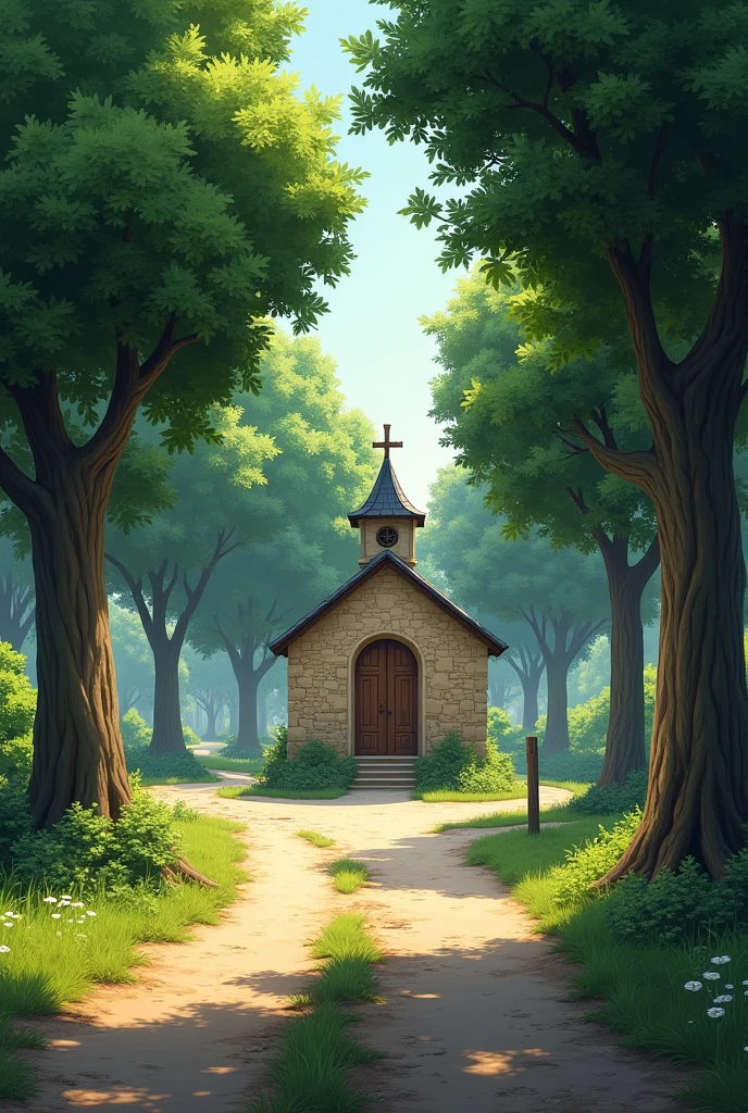Tree-lined dirt road with a small chapel at the edge of the entrance to another road. be realist