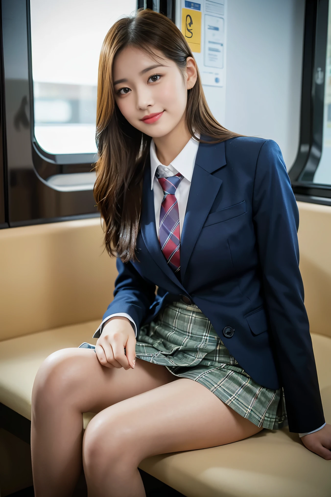 (8K), (highest quality: 1.2), (realistic), (realistic: 1.37), ultra high resolution, 1 girl, cute, smile, closed mouth, beautiful details, beautiful nose, silky hair, giant dulcefo, pork, thighs，Self snap,University Student Uniform,Sitting on a Tokyo train,simple blazer,pleated skirt,(The pattern of the skirt and tie is a tartan check pattern..:1.3), panty hose 