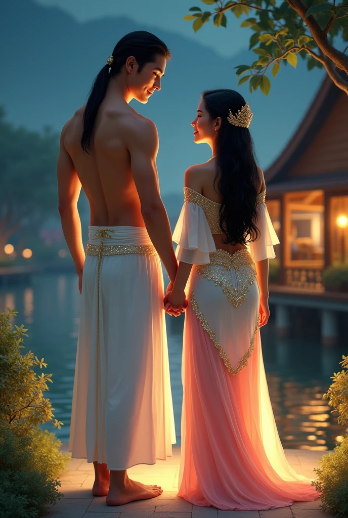 full lenght, full-body picture of a young man with long black hair, a beautiful face, long black hair tied loosely, wearing a white traditional Thai costume, a white loincloth with gold sparkles, looking at each other, a beautiful young woman with long black hair, wearing a white and pink gold Thai costume, holding a bouquet of jasmine flowers, sea scene, with a castle in the distance, aura light from the water, glowing, sparkling all around, powerful, 3D oil painting, full-body picture, clear picture, full body from a distance