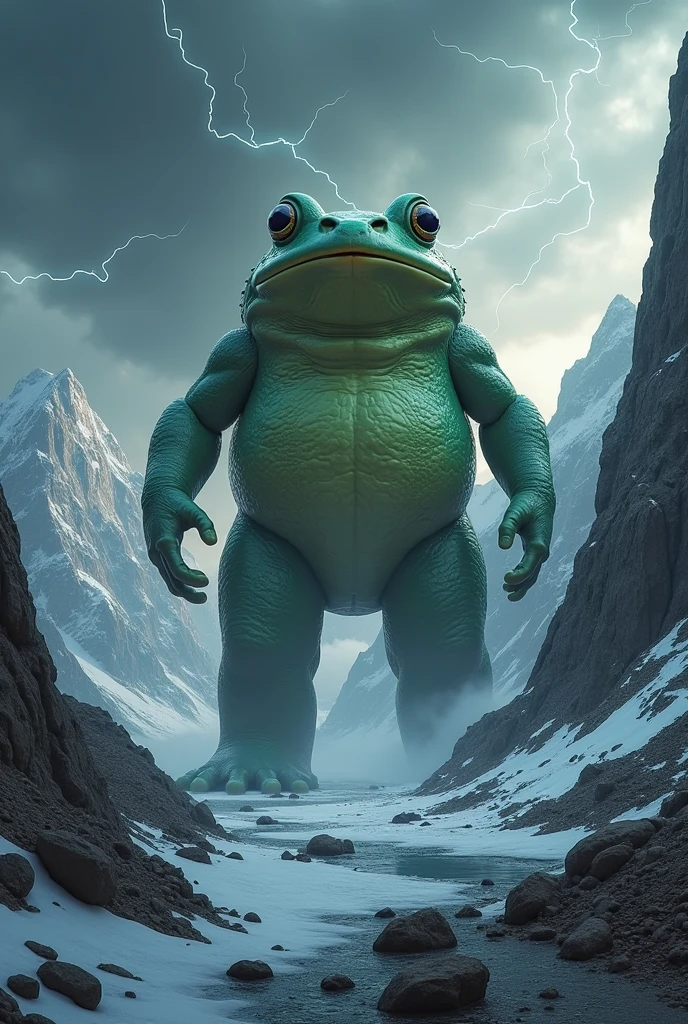 A colossal frog between mountains in the middle of a storm 