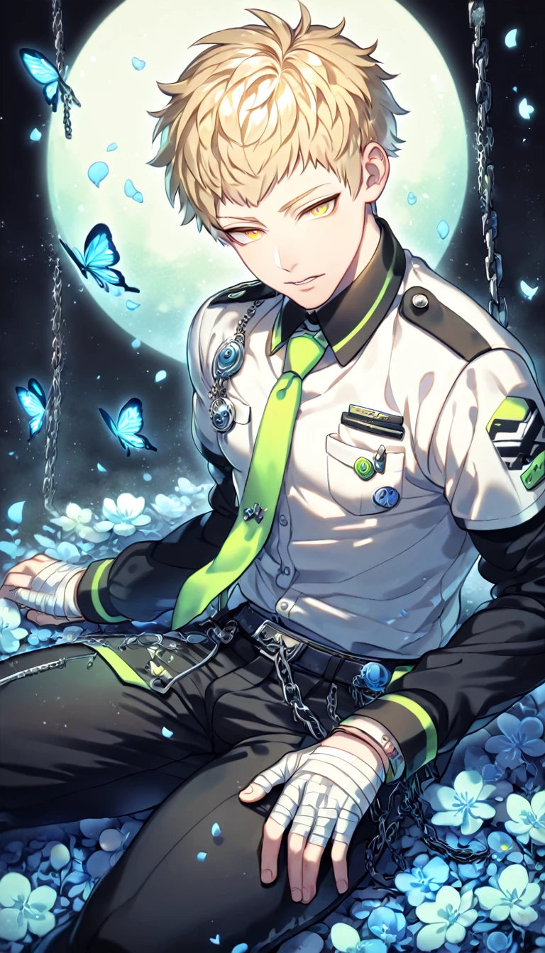 absurdres, highres, ultra detailed, HDR, master piece, best quality, extremely detailed, Noiz, blond hair, short bangs, expressive yellow eyes, Dramatical Murder, solo, sexy man sitting, handsome, manly man, sensual, horny, white collared shirt with a long sleeved black undershirt, a light-green tie, badges on his chest pocket and tie, bandages on the hands, black pants with chains, fantasy, magical, blue moon, blue flowers, blue butterflies, blue petals, blossoms, water