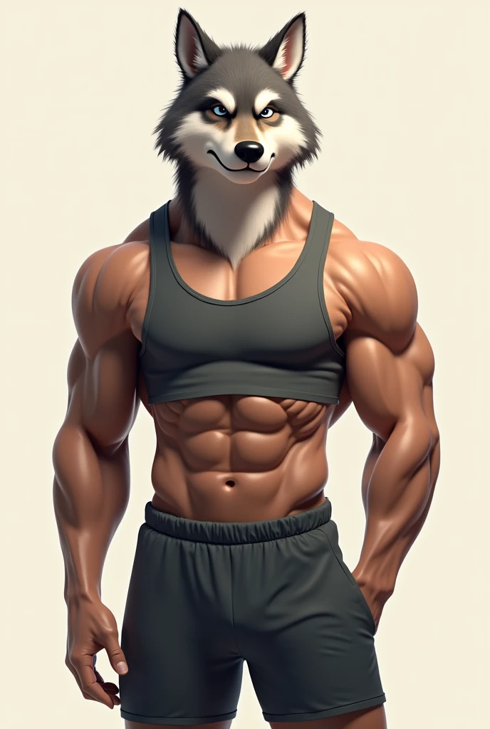 Muscular body with friendly wolf head, offwhite, Tank top shirt, shorts de academia
