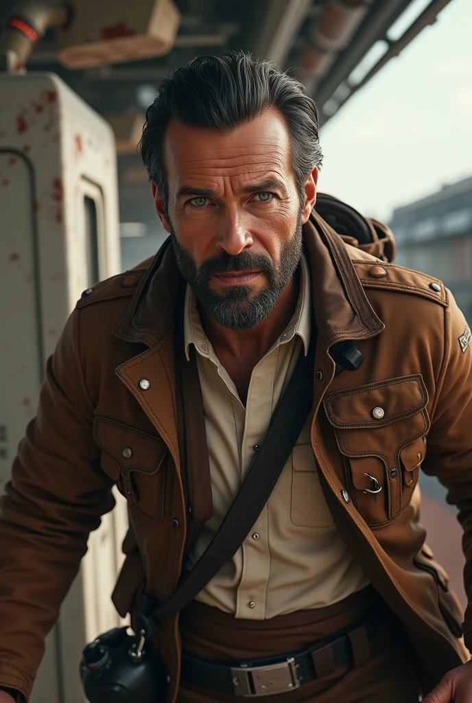 An star wars looking character, he is a human with medium black hair slicked back, green eyes and super short beard, he is in his mid 50's. He is a pilot and he wears a brown jacket over a white shirt