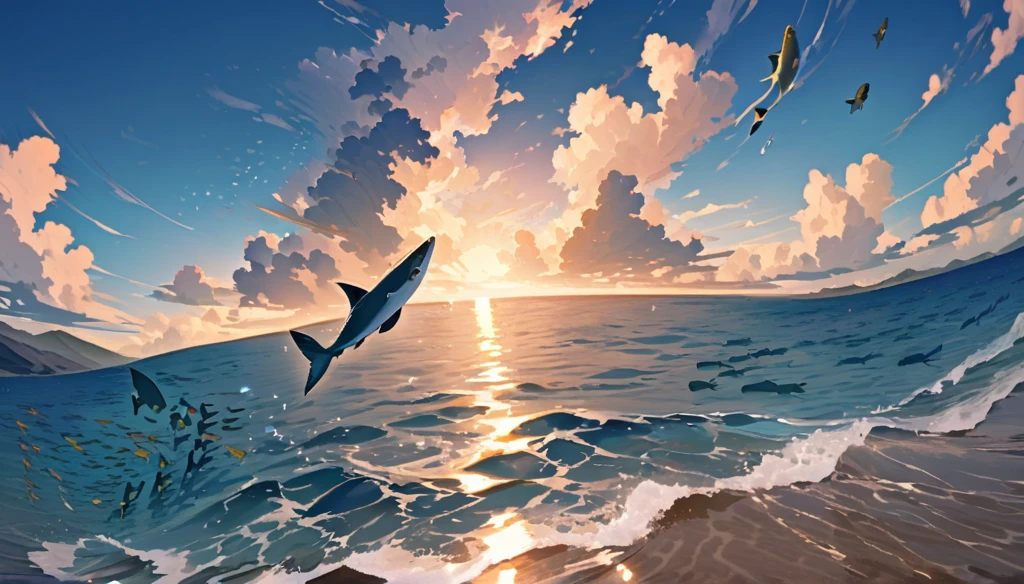 blue-haired, Wavy shoulder-length gold-eyed boy, With a black jacket with white details and white pants, Good anatomy, Scenario at the sea, fishes, sea, clouds, calm, Swimming, inside the sea, beautiful, Boku no hero academy style