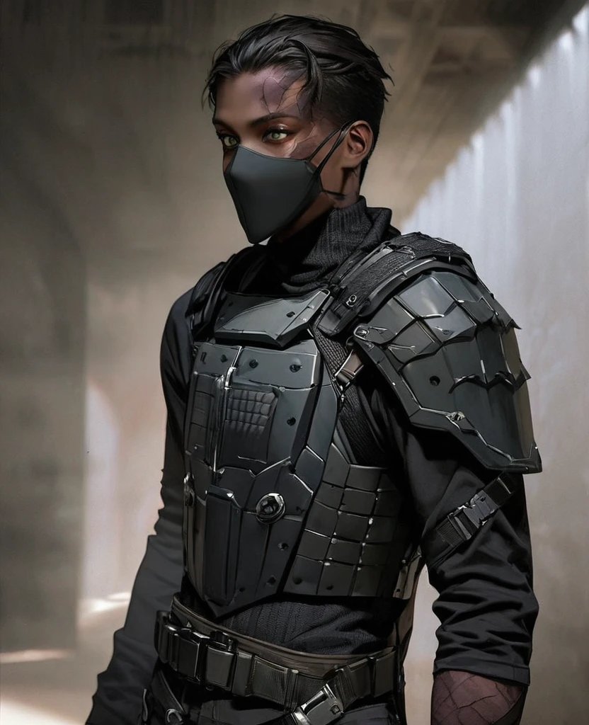 masterpiece, best quality, realistic, african man, 1man, disfigured, focus on face, 21 years old, the winter soldier, burn scars on skin, burn scars on face, eyes visable, black skin, masculine features, fit, looking worn down, dark skin, kevlar armor (like swat), Post-apocalypse, doomsday wasteland style, fingerless gloves, gloves, belt, full body, armor, standing, simple background, military kit, mask that covers his lower face, vigilante, slight western aesthetic mixed with modern aesthetic, daredevil, green eyes, scars on face, burn scars on face, full modern body armor, black noir from “the boys”, 