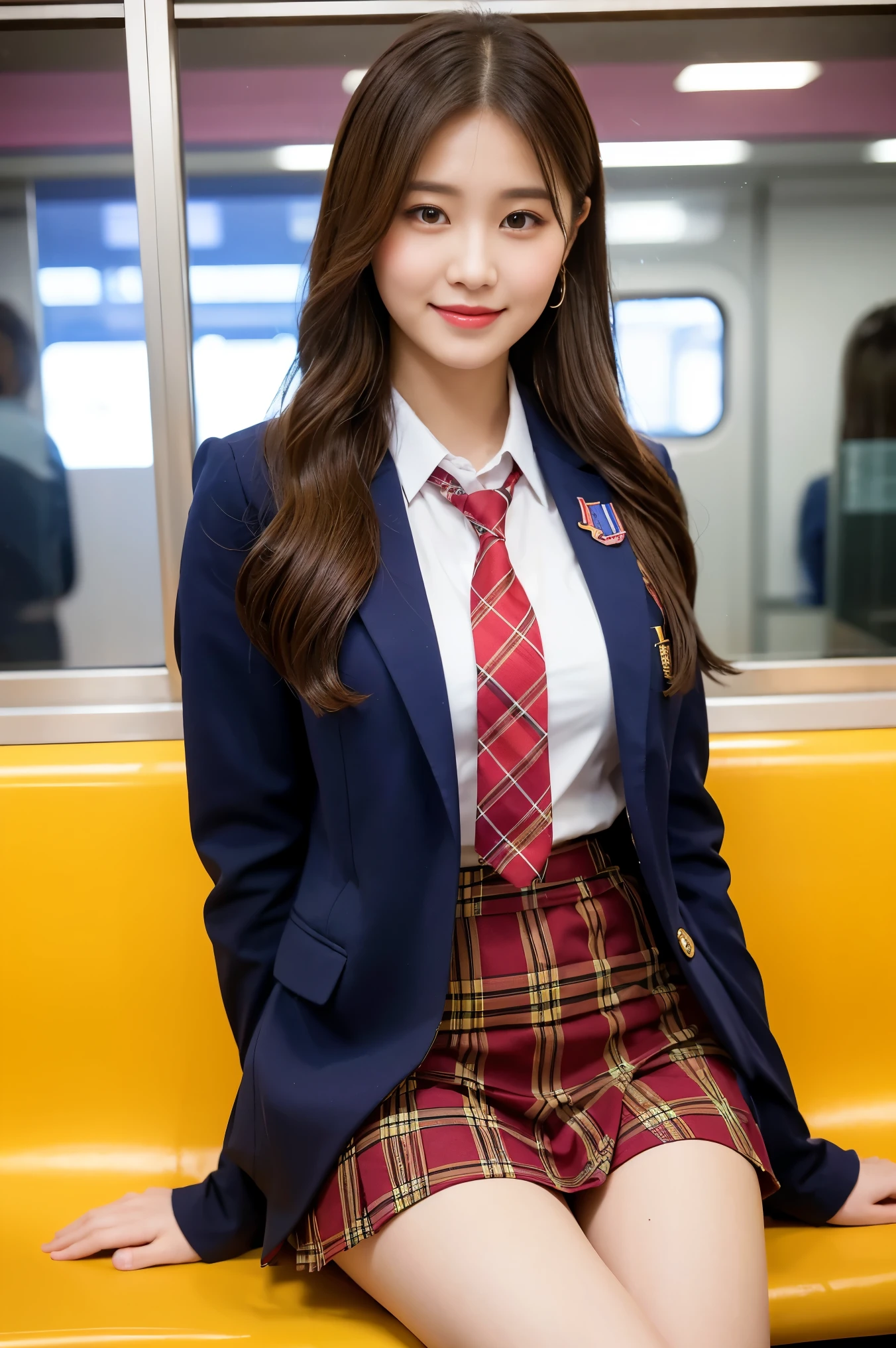 (8K), (highest quality: 1.2), (realistic), (realistic: 1.37), ultra high resolution, 1 girl, cute, smile, closed mouth, red lip, red cheeks,beautiful details, beautiful nose, silky hair, giant dulcefo, pork, thighs,Self snap,University Student Uniform,Sitting on a Tokyo train,simple blazer,pleated skirt,(The pattern of the skirt and tie is a tartan check pattern..:1.3), shiny legs