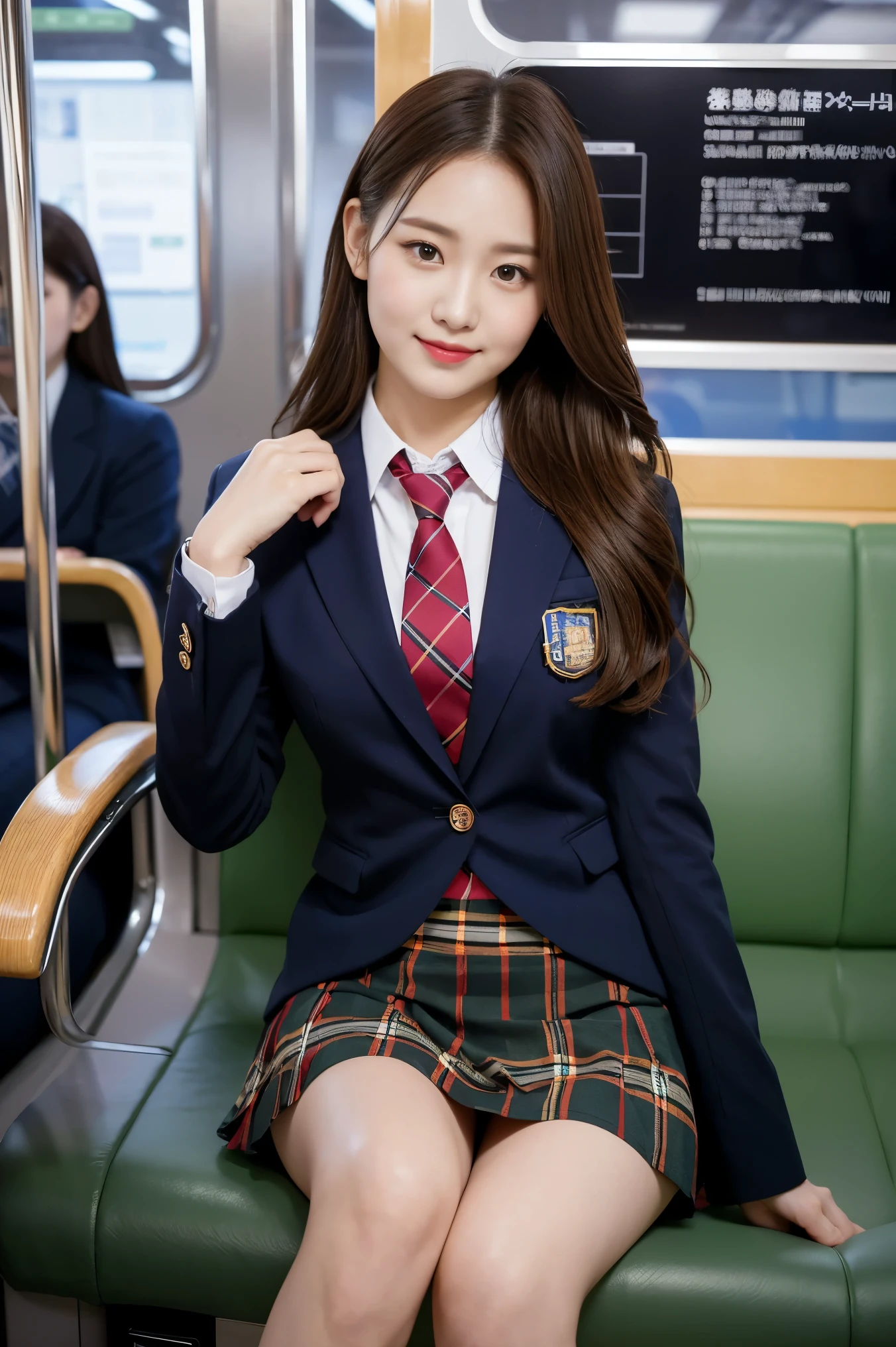 (8K), (highest quality: 1.2), (realistic), (realistic: 1.37), ultra high resolution, 1 girl, cute, smile, closed mouth, red lip, red cheeks,beautiful details, beautiful nose, silky hair, giant dulcefo, pork, thighs，Self snap,University Student Uniform,Sitting on a Tokyo train,simple blazer,pleated skirt,(The pattern of the skirt and tie is a tartan check pattern..:1.3), shiny legs 