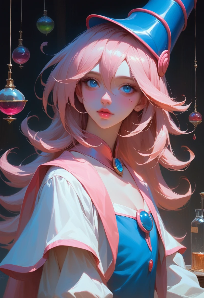 Best quality,Masterpiece,Pink loose long hair,Blue eyes, White dress-robe,Sapphire jewerly ornament,Upper body,Small-short body,Fair skin,Mole under left eye,pink lips,A magician young girl,10 years old,Stood up across the table,Surroundings by a lot potions and bottles of magic,Dark room with only one light