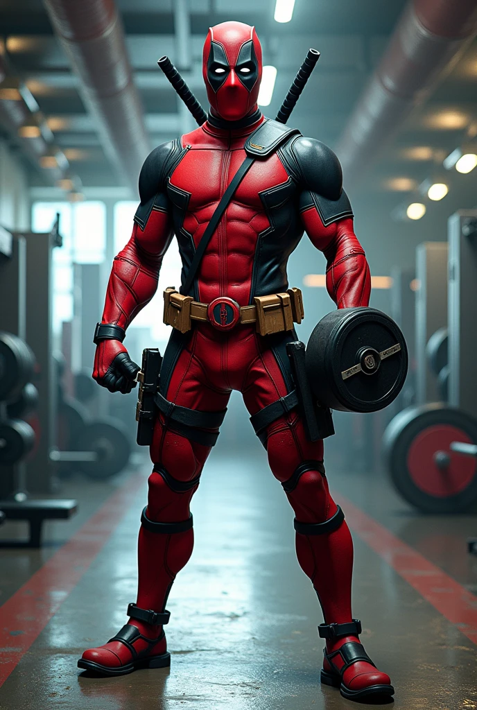 Deadpool in hands holding a katana and a dumbbell in the other hand , that has a gym atmosphere that is full of superhero energy
