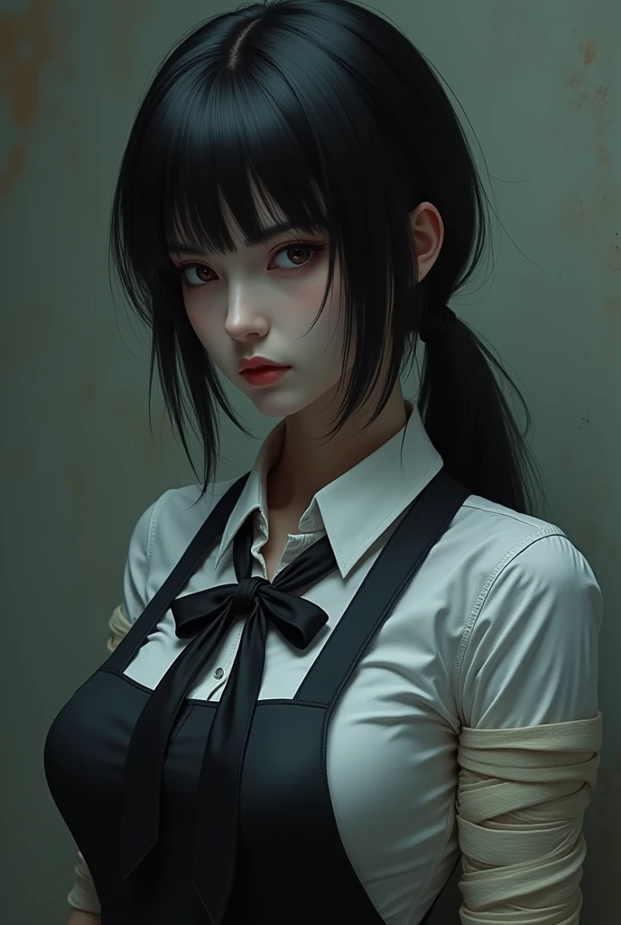 ((masterpiece, best quality)), (1 Girl), (Solitary), (Women's Focus), night (Chainsaw Man),(Very rich facial details, Real images, Realistic white skin, Realistic body, Intricate details), Upper Body, Serious , Brown eyes, Looking at the audience, bandage over the body, Black Hair, Long-sleeved shirt, Apron Dress, Black tie, bandage, bandage, Small Breasts