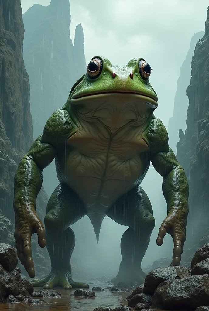 A colossal realistic frog between mountains in the middle of a storm 