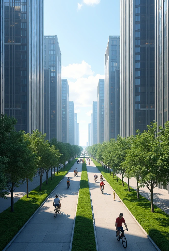 Image from the top of an avenue surrounded by 28-story buildings. The avenue has a cycle path, 2-meter-long green areas with a 2-meter sidewalk for walking.