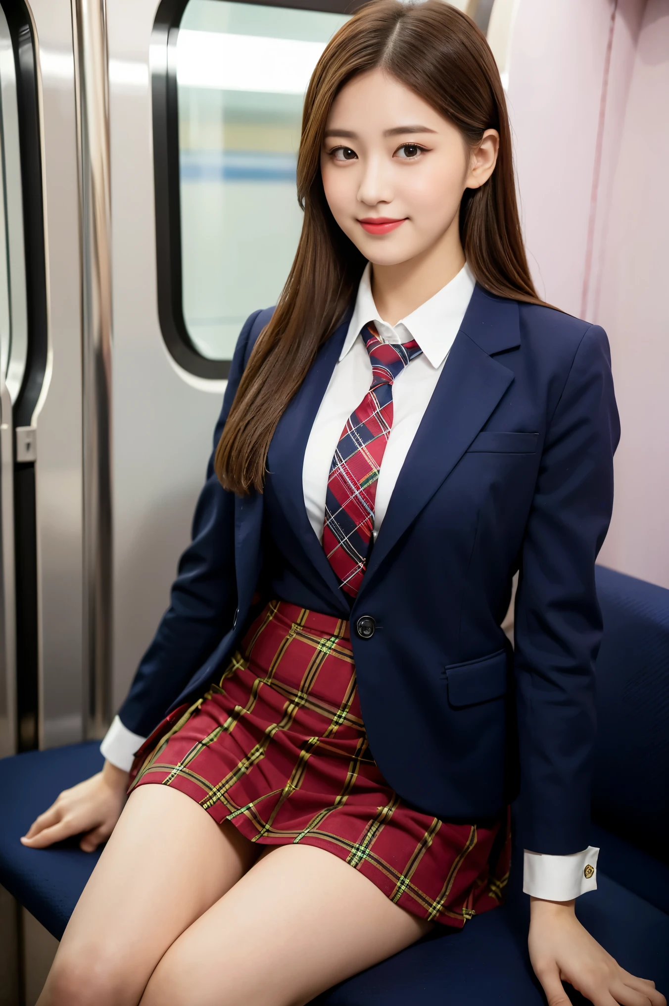 (8K), (highest quality: 1.2), (realistic), (realistic: 1.37), ultra high resolution, 1 girl, cute, smile, closed mouth, red lip, red cheeks,beautiful details, beautiful nose, silky hair, giant dulcefo, pork, thighs，Self snap,University Student Uniform,Sitting on a Tokyo train,simple blazer,pleated skirt,(The pattern of the skirt and tie is a tartan check pattern..:1.3), shiny legs 