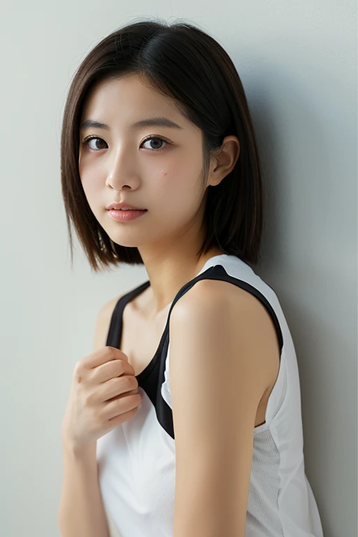 lens: 135mm f1.8,(Highest quality), (Beautiful 14 year old Japanese girl),  (Moisturized lips), Narrow eyes, double eyelid,Delicate clavicle,Flat Chest,Very short hair,
 (Let me me me me&#39;Let me me me&#39;Let me me&#39;Let me&#39;Let&#39;s take another look),  shame, A faint smile,
(In front of a white wall:1.2), Professional Lighting, 
(Japanese 、blackＶNeck Sleeveless T-shirt), (Sunburned skin:0.2),Full body photo、Full Body Focus