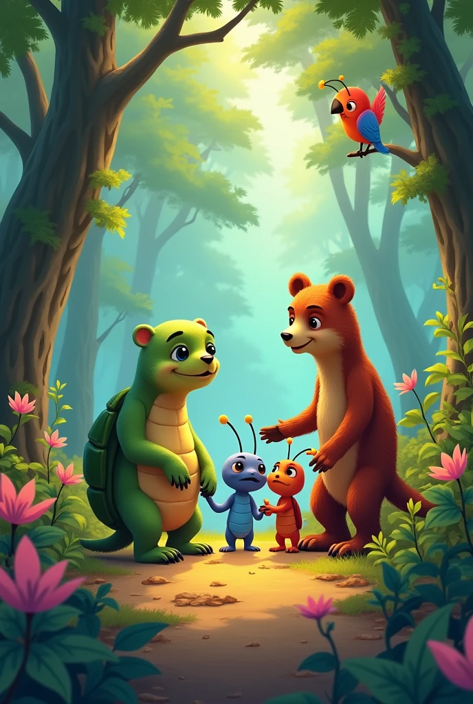 In a forest full of colors and sounds lived four great friends: Sadness, the turtle; Antonia, the ant; Bruno, Bear; and Paco, The parrot. Although they were very different, They always played together and helped each other in everything..