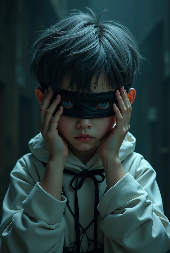 (masterpiece, Best Quality:1.2), dark environment, deep and marked darkness.Focus only, Upper part of the body,  boy, hand on temples, headache gesture, macabre smile, Dark grayish hair, blue eyes, white tunic futuristic style, blindfolded, futuristic cyber details