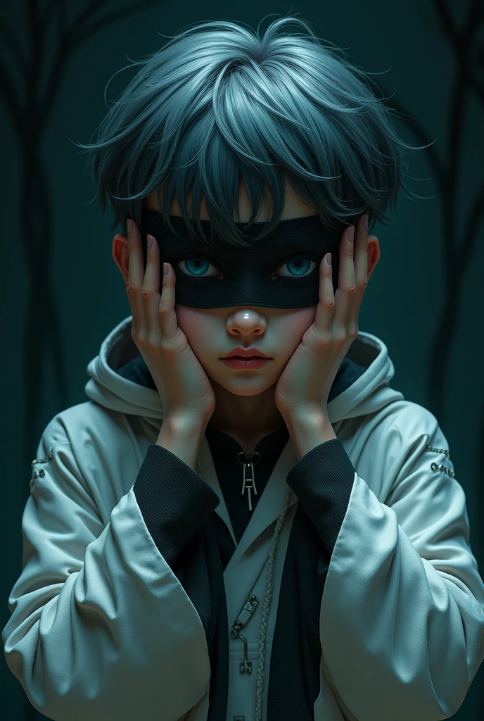 (masterpiece, Best Quality:1.2), dark environment, deep and marked darkness.Focus only, Upper part of the body,  boy, hand on temples, headache gesture, macabre smile, Dark grayish hair, blue eyes, white tunic futuristic style, blindfolded, futuristic cyber details