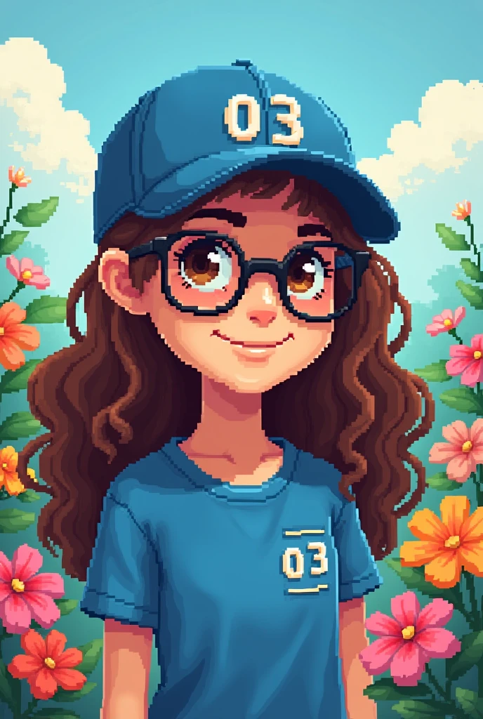 Make a girl in pixel art, with a blue shirt with a 03 in the upper right corner and a blue cap with the number 03, she has long curly hair and she is smiling, she wears glasses, She has brown eyes. The background is made of flowers, her skin is slightly brown, She's low, everything must be in pixel art, pixel,, but still in pixel art