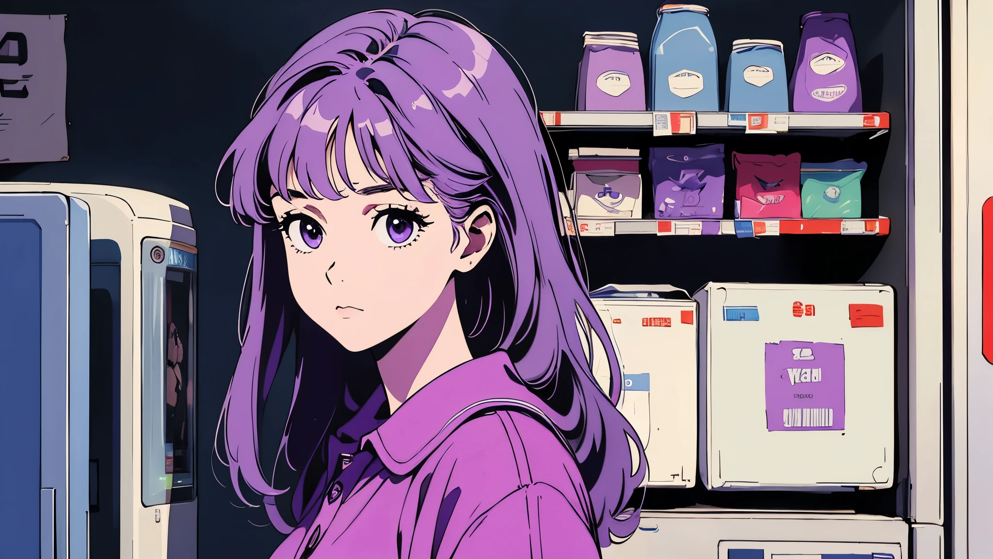 A girl standing in front of a vending machine, wearing a school uniform and listening to music, Her hair color is purple chunky highlights, with a dreamy expression, solo, solo focus.