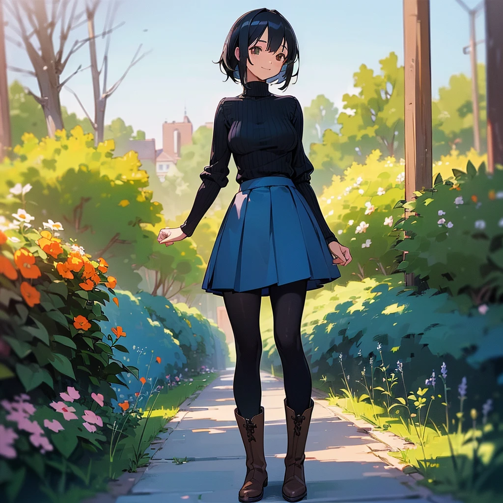 (high quality, High resolution, Very detailed, reality:1.37), Peaceful atmosphere, (Outdoor, garden), Teenage girl standing alone, (my breasts are big.), Beautiful details, Cute Smile, (Black bob hair), Ribbed sweater, Blue Skirt, Black tights, Brown boots.