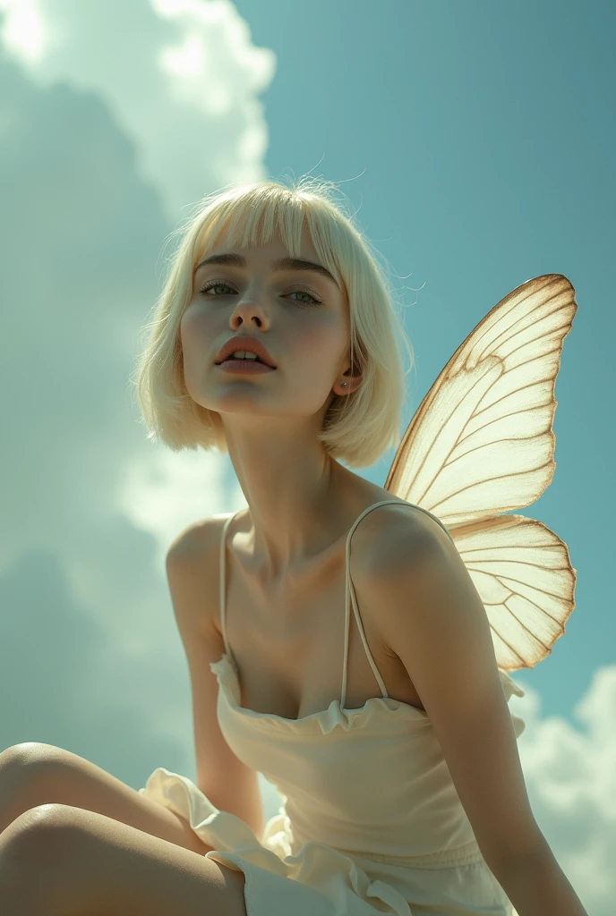 editorial photography,super detailed,Super realistic,double exposure,depth of field,beauty skinny angel vibes,soft focus tone,open lips,Super short straight hairstyle,swallowtail butterfly wings,light falling from the sky,Fine white skin, big eyes, soft cheeks,from directly below,sitting,