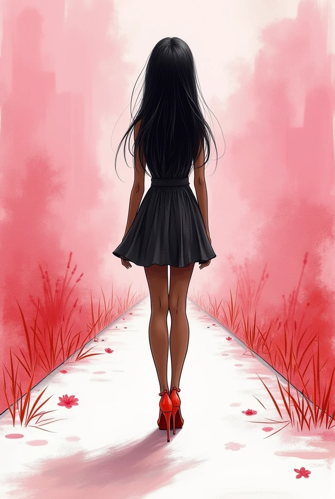 drawing of an elegant model woman in heels, dark skinned with long straight black hair, by the hand of a child of approximately 9 years old, walking towards a beautiful path with a pink background and seeing her from behind