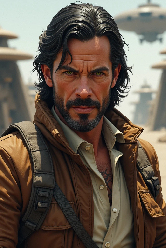 An star wars looking character, he is a human with medium black hair slicked back, green eyes and super short beard, he is in his mid 50's. He is a pilot and he wears a brown jacket over a white shirt
