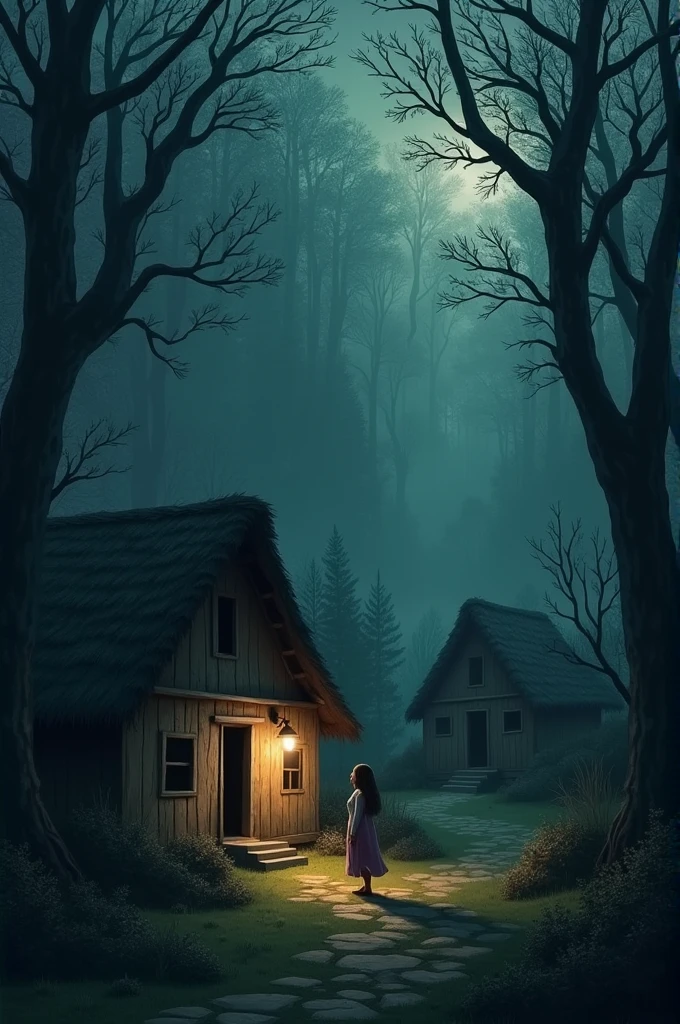create an image Description: A small village surrounded by dense forests, at dusk. The houses are simple and rustic, with thatched roofs. Clara, a beautiful and lonely woman, stands in front of her house, looking at the forest with an expression of concern and fear. The sky is starting to darken, indicating the beginning of night. The feeling of isolation is strong, with Clara being the only visible figure.