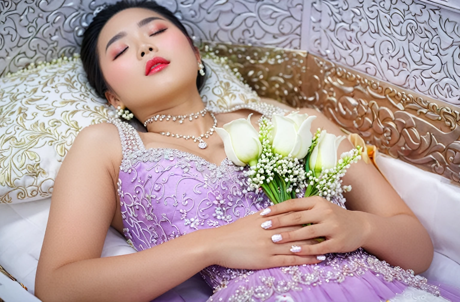 In a striking 8K HDR scene, a stunning Korean woman, 22 years old, lies peacefully in a long coffin and coffin lid beside the dead body. surrounded by plush pillows behind head. The deep box is set against a rich white background, accentuating the beauty of the subject. Her exquisite deep-V neckline kebaya attire is embroidered with superb detail, showcasing her round and firm breasts, perfect cleavage, and beautiful eyebrows. Her closed eyes and mouth give an air of serenity, while her visible and absolute cleavage leave nothing to imagination. The scene is bathed in saturated colors, highlighting every intricate aspect from the ball skirt to her clean face, straight body, detailed hand perfect hands, straight body, own hands together, own hand on stomach, detailed hands, perfect hands, holding the flowers, interlocked fingers