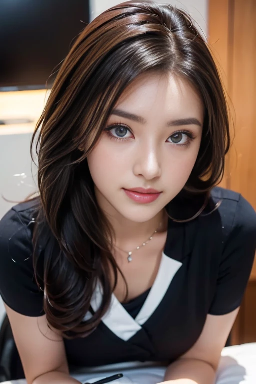 ((Ultimate Beauty))、Mature、Beautiful facial featureig eyes:1.3), Detailed lips, inely detailed beautiful eyes, Double eyelids, long eyeslashes、(Choppy), (Curve), Parted lips, Beautiful teeth alignment, red blush, a captivating gaze、Seductive smile, short brunette bob, masutepiece,(Highest Quality,Hyper-detailing,Fine and detailed eyes and detailed face) allure:brunette color hair,Natural makeup,long hair, sexy secretary outfit,mini skirt,office