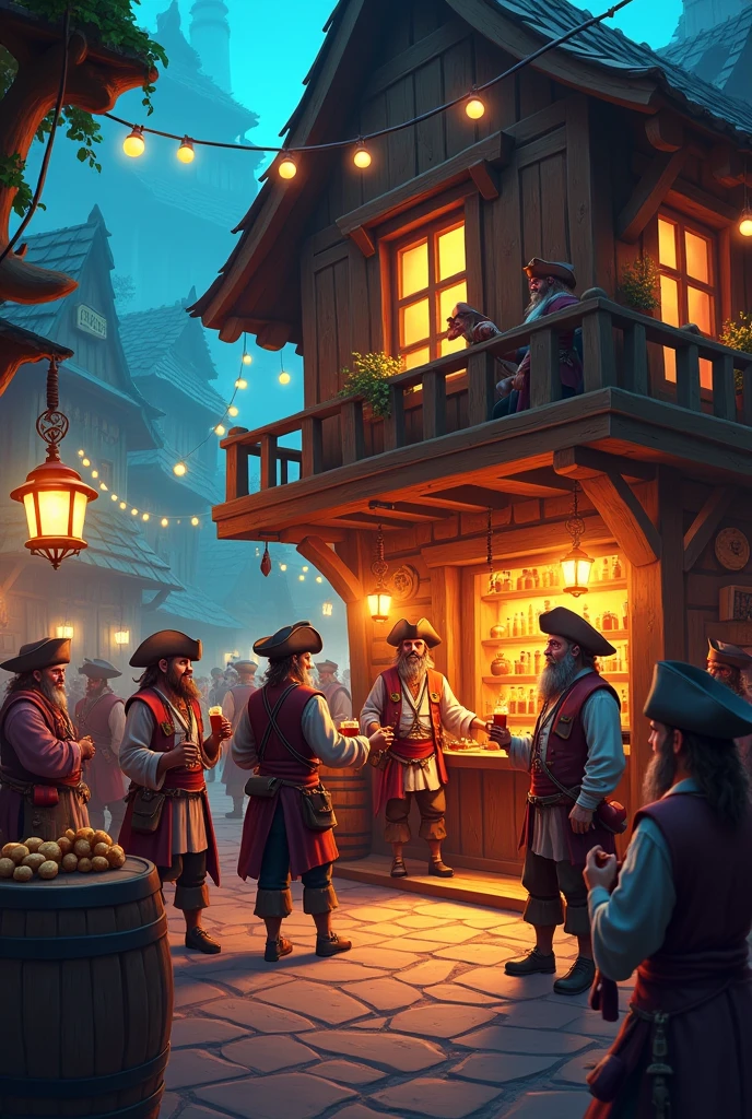 Fantasy、Tavern、bright、busy、night、wooden、Cheerful、pirate、1-storey