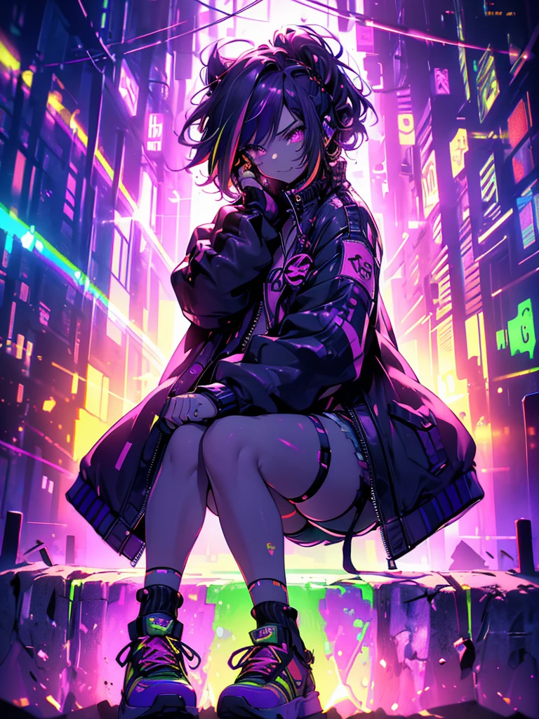 Devil girl with cyberpunk accessories, Cyberpunk Long Hair, Purple Hair,Devilish smile, (((Wearing a purple cyberpunk jacket, White high top sneakers with socks, Denim shorts))), Strong thighs, {Highly detailed 16K CG unit wallpaper}, Vast landscape photography, (Low view focused on character, setting), (Wide field view), (Photo Low angle), (highlight: 1.4), (Low Light: 1.4), (Warm light source: 1.5), Intricate details, (Rainbow colors: 1.4), (Bright lighting), (Atmospheric lighting), dream-like, single,neon,night,High resolution, Highest quality, High-resolution model, High detail, Ultra high definition, Touching hair with hands