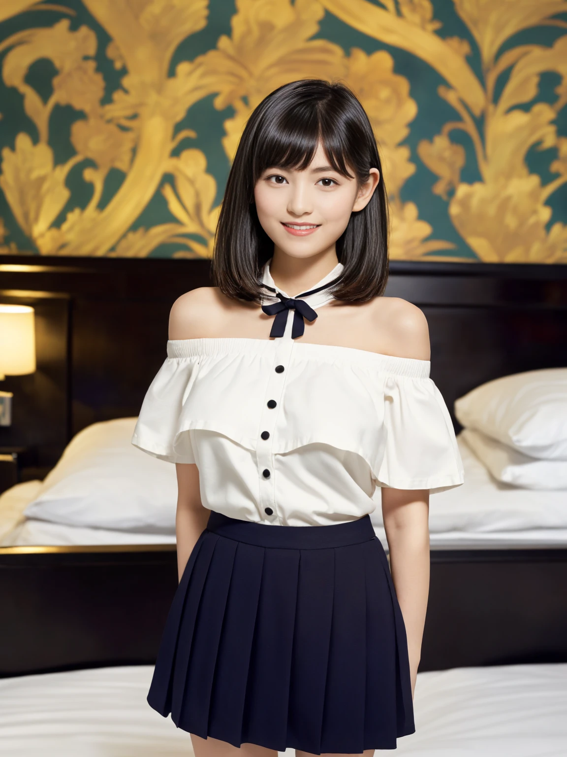 masterpiece, Highest quality, figure, Very detailed, The finer details, High resolution, 8k,wallpaper, Perfect dynamic composition,(Detailed high quality:1.3)、Seraphim, (The background is an empty hotel bed:1.3), Deep in the field, Black hair color, Big Natural Color Lip, (Perfect figure), (smile)、Harajuku Style, Adorable expression、Expressions of happiness、Amazingly cute、Cute type、Beautiful feet, Idol Sculpture、(Big Breasts:1.5)、(Off-the-shoulder shirt with buttons on the chest:1.3)、(mini skirt:1.3)、(Black thigh-high socks:1.3)、(Erect nipples:1.2)、(Young face:1.5)、(10 years old:1.5)、(Primary school students:1.5)、(Short stature:1.5)