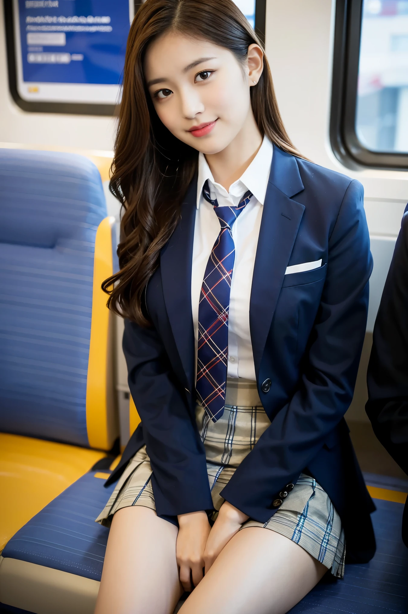 (8K), (highest quality: 1.2), (realistic), (realistic: 1.37), ultra high resolution, 1 girl, cute, smile, closed mouth, beautiful details, beautiful nose, silky hair, giant dulcefo, pork, thighs,Self snap,University Student Uniform,Sitting on a Tokyo train,simple blazer,pleated skirt,(The pattern of the skirt and tie is a tartan check pattern..:1.3), shiny legs
