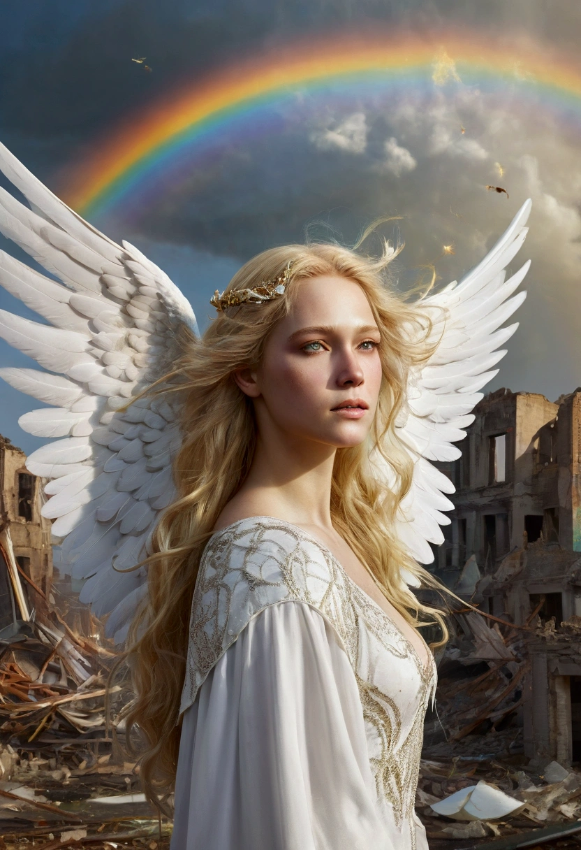 A beautiful angel with large pure white wings. Her golden hair is blowing in the wind. In the background is a ruined city and injured people. A large rainbow shines in the sky.